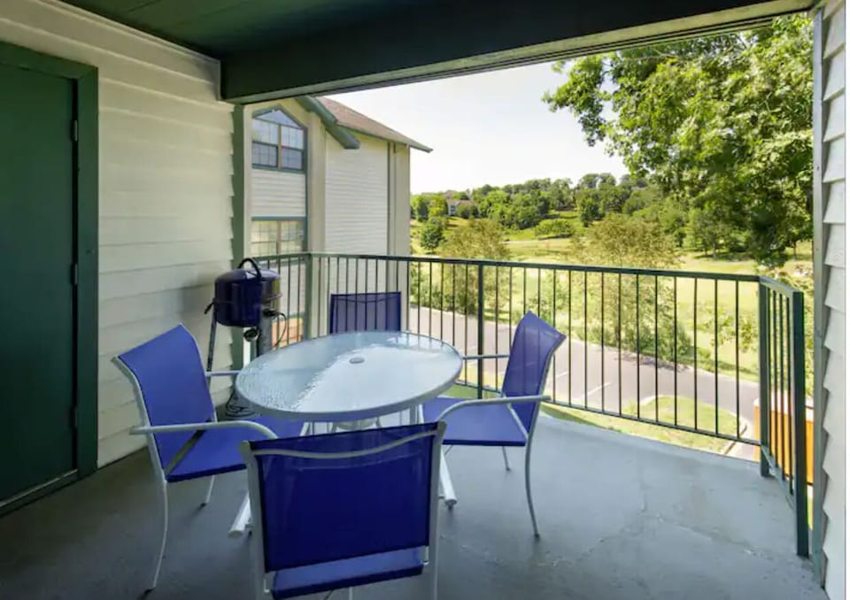 Outdoor patio with golf course views