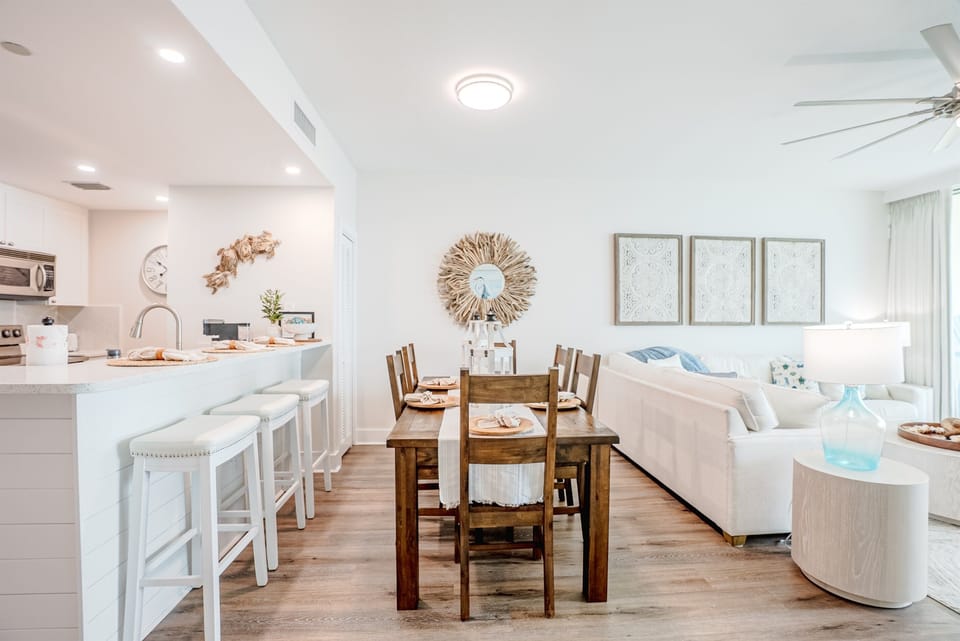 A comfortable dining space with seating for your group and big windows that bring in natural light.