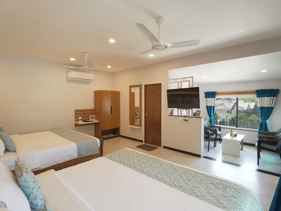Cottage - Living Room - 2 King Bed - Pool view - Sitout | Living area | 45-inch flat-screen TV with satellite channels