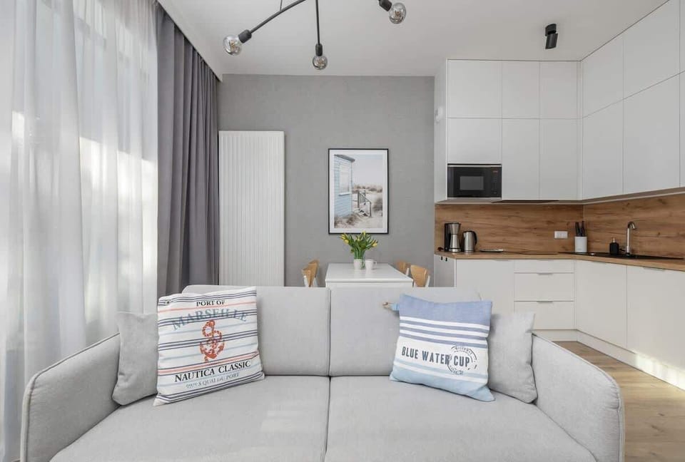Bright open-plan living room with a grey sofa and a modern kitchenette.