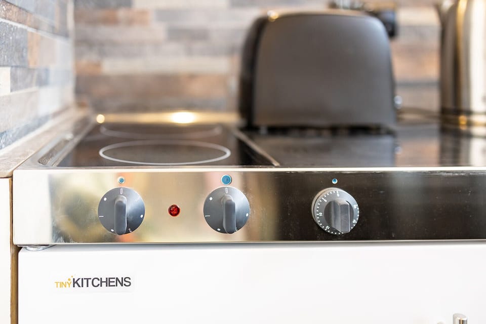 Full-size fridge, microwave, oven, stovetop