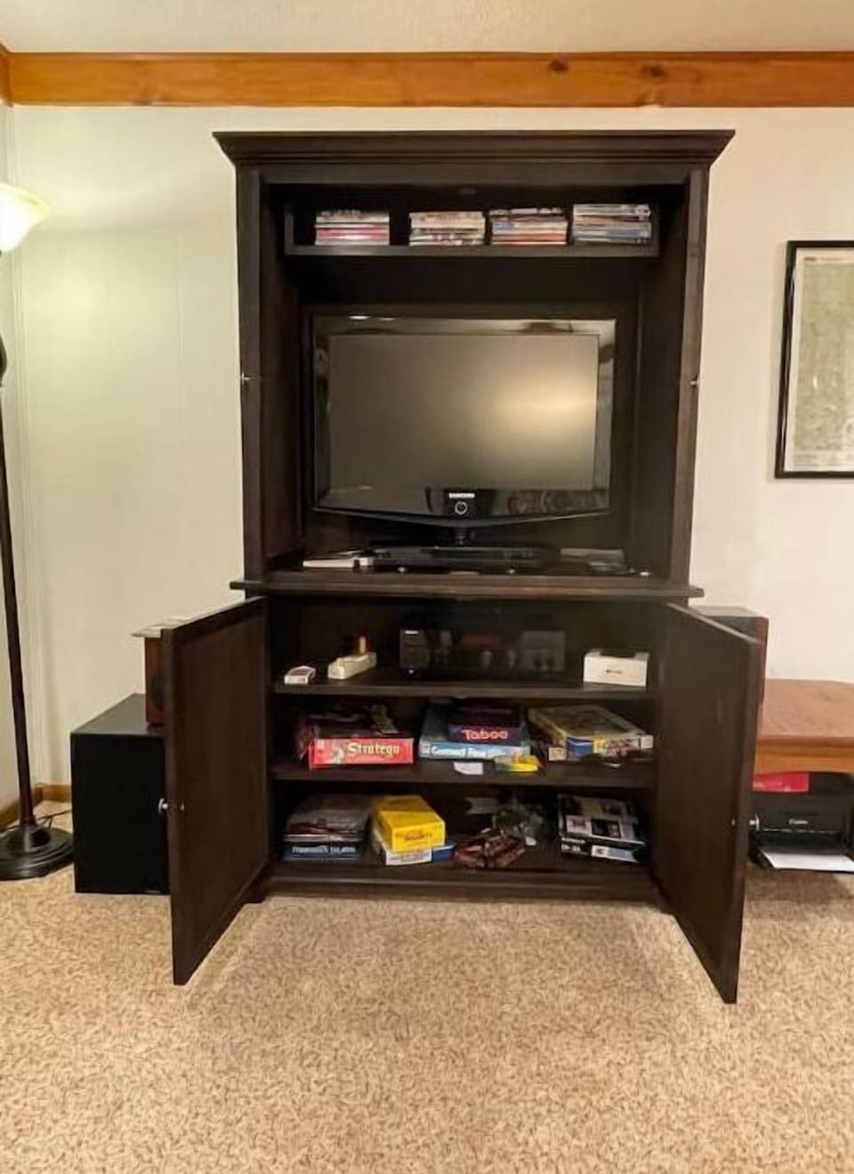 The TV is not big, but we have about 35 DVD movies and lots of games. 