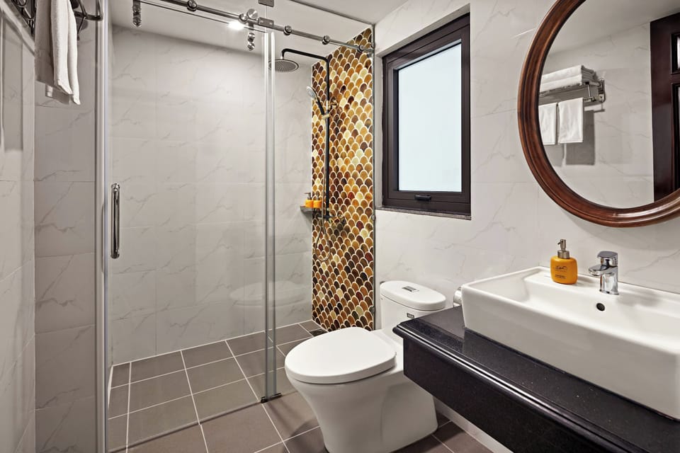 Shower, rainfall showerhead, hair dryer, bathrobes