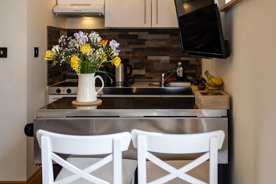 Exclusive Apartment | Private kitchen | Full-size fridge, microwave, oven, stovetop