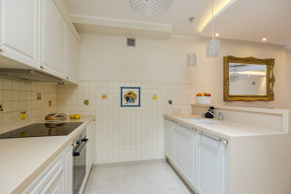Deluxe Apartment | Private kitchen | Full-size fridge, microwave, oven, stovetop