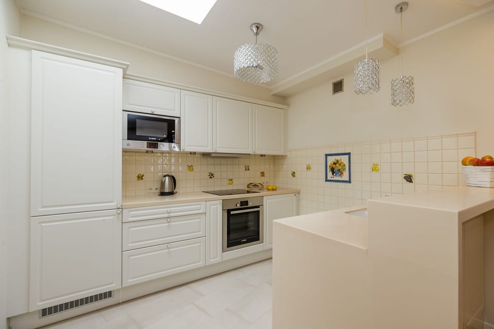 Deluxe Apartment | Private kitchen | Full-size fridge, microwave, oven, stovetop