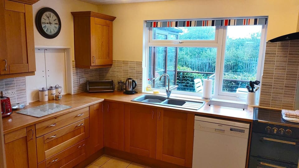 Fitted kitchen: sink, dishwasher, kettle and cooker with view across the garden