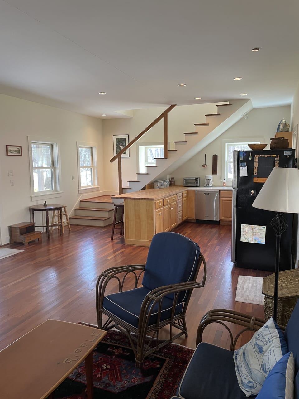 Sitting area, kitchen and stairs