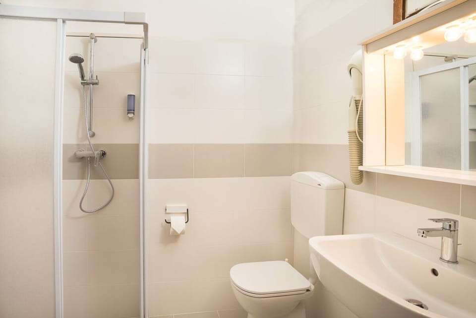 Shower, free toiletries, hair dryer, bidet