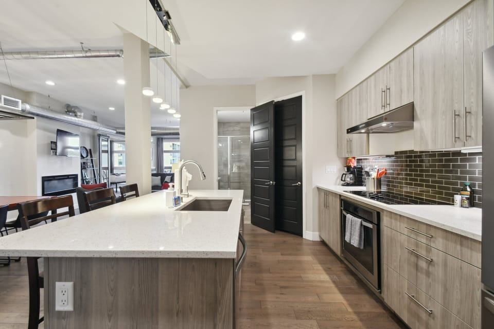 Condo, Multiple Beds, Patio, City View ((R05) 3198 Blake St. Unit 301) | Private kitchen | Fridge, microwave, oven, stovetop