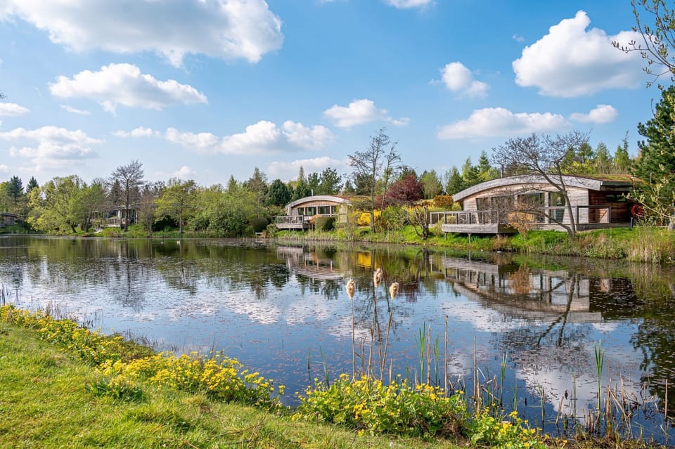 Exterior of lakeside lodges at Brompton Lakes, North Yorkshire.