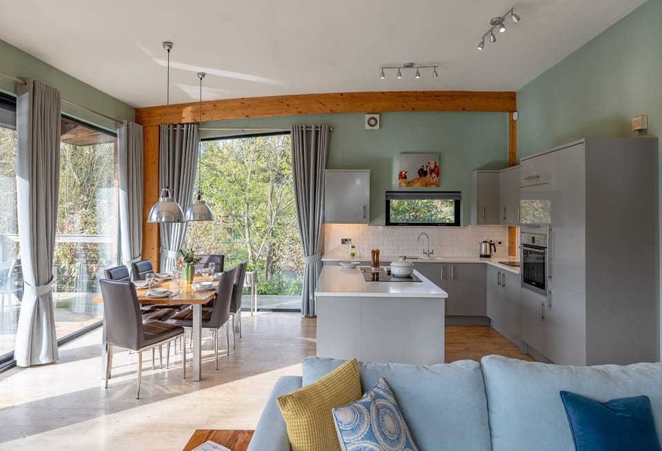 Open-plan lounge and kitchen with modern interiors and natural light in Jasper lodge at Brompton Lakes.