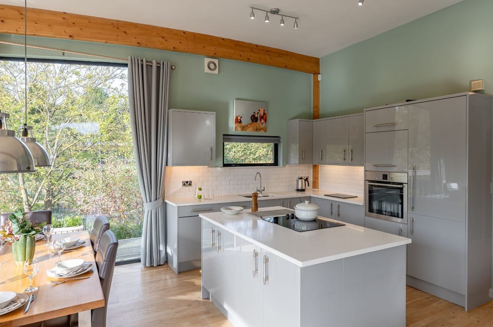 Jasper lodge contemporary kitchen with island and dining space overlooking nature.