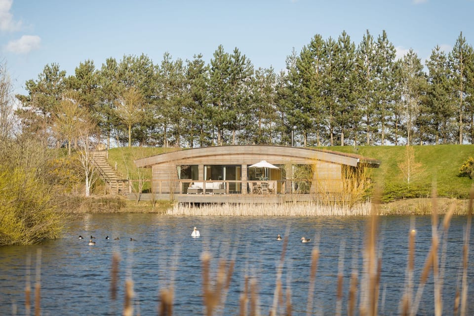 Exterior of Rebecca lodge at Brompton Lakes in North Yorkshire.