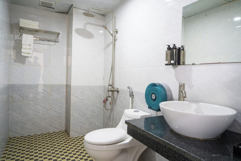 Shower, rainfall showerhead, hair dryer, slippers