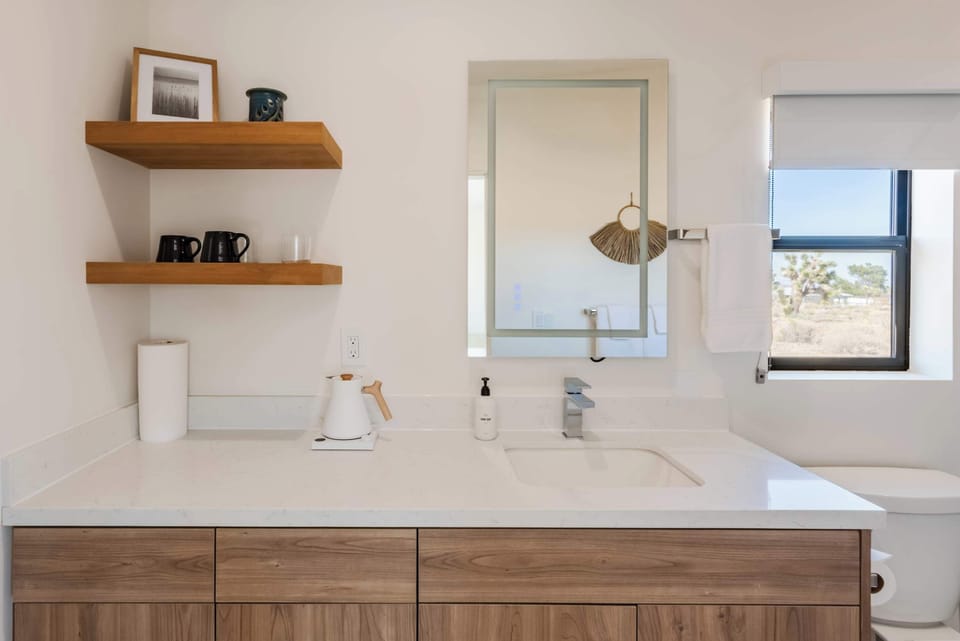 Casita bathroom with tea station