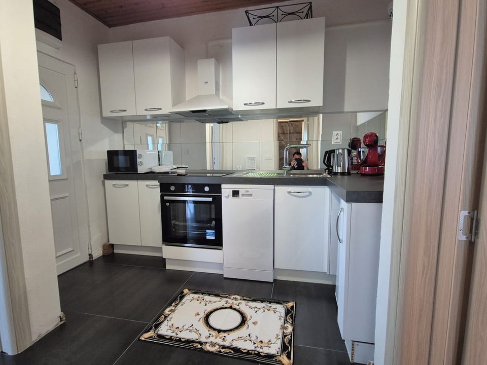 As you enter the apartment you'll enter the kitchen. Well-equipped kitchen.