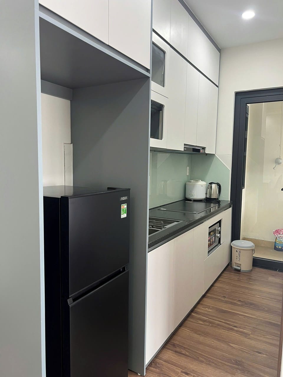 Fridge, microwave, electric kettle, rice cooker
