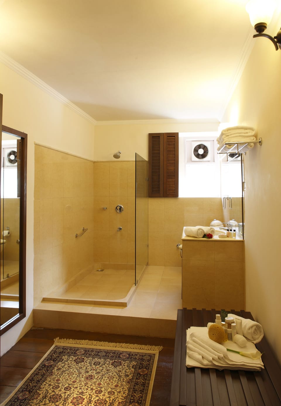 Shower, free toiletries, towels, soap