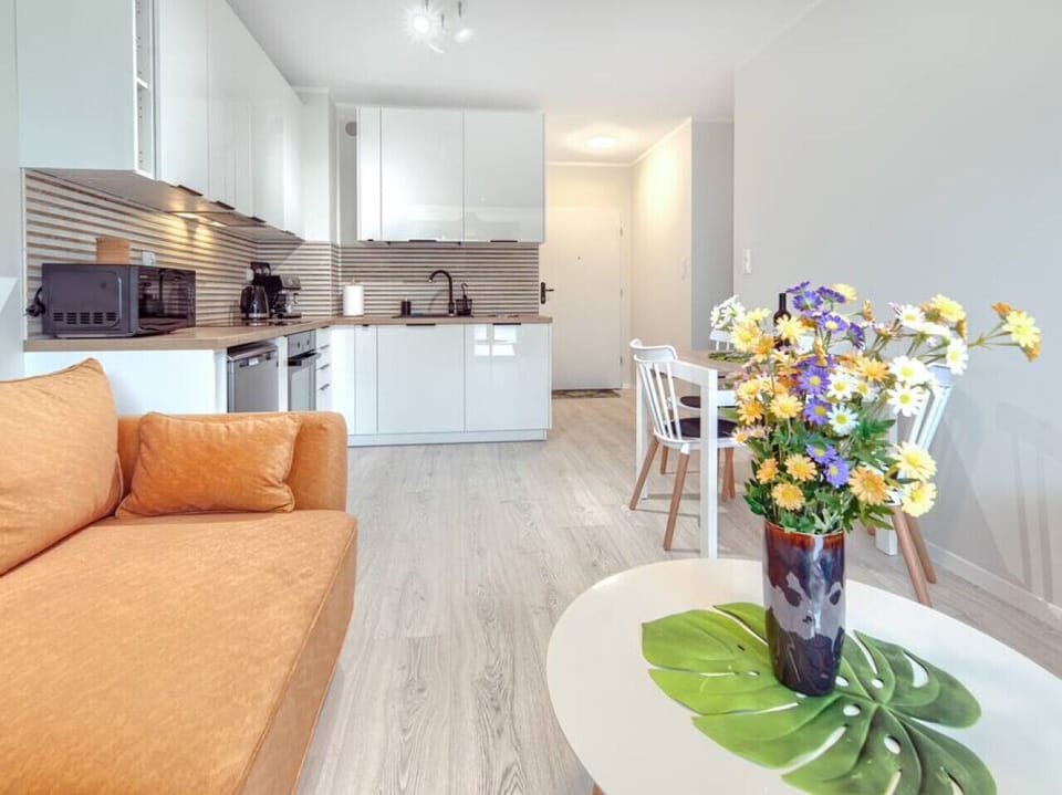 Modern Living Room With Functional Kitchen With Oven And Microwave | Book Now With RENTUJEMY