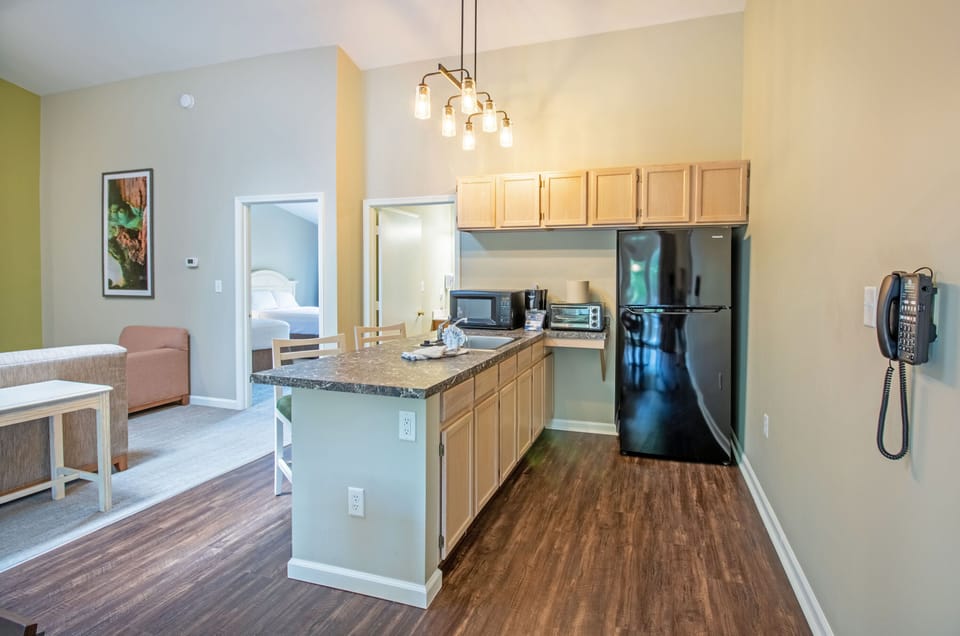 Partial kitchen includes refrigerator, microwave, and toaster oven