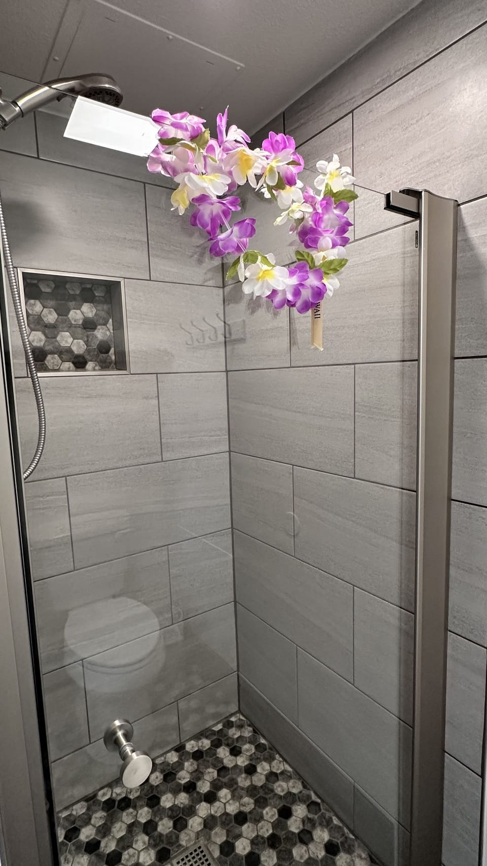 Tiled shower.