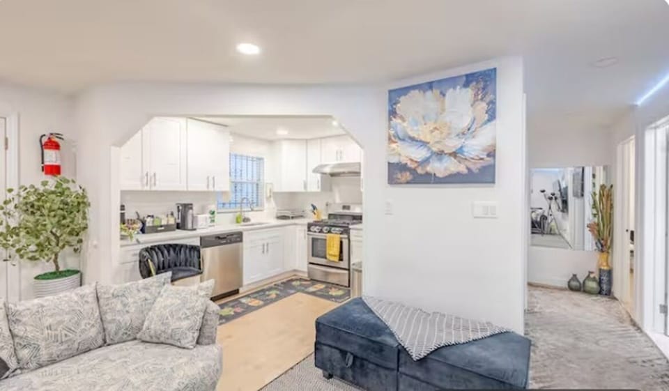 living room- 60 Inch TV, Air Conditioner, love seat, Sofa, Art Decor, kitchen