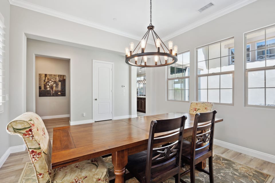 Dine with natural light streaming through tall windows.