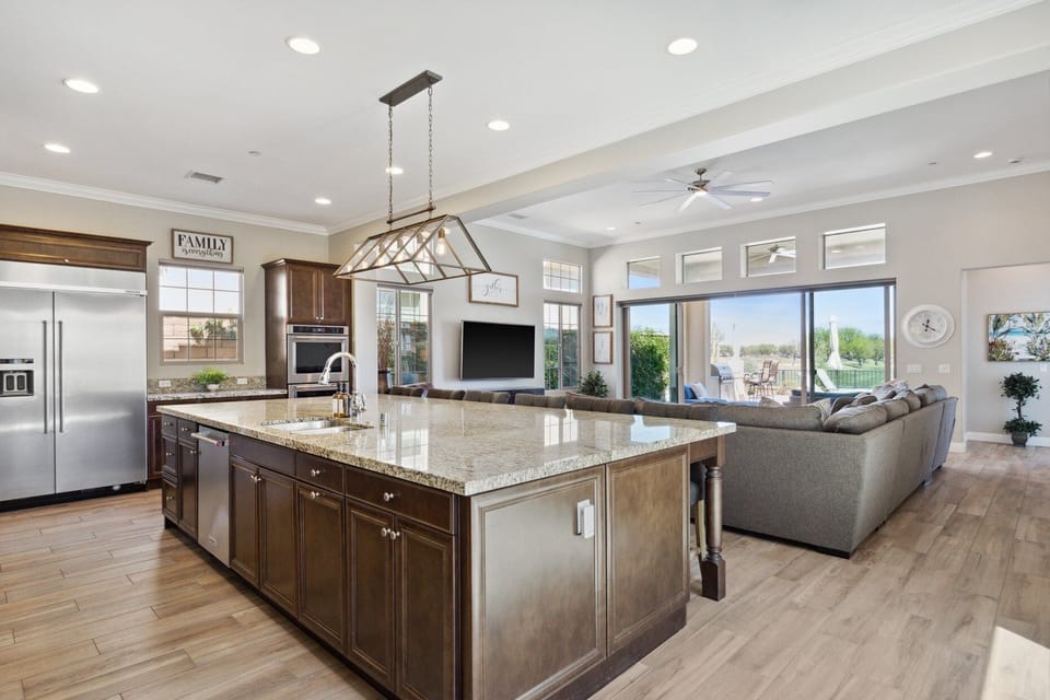 Open sightlines to living room keep everyone connected while cooking.