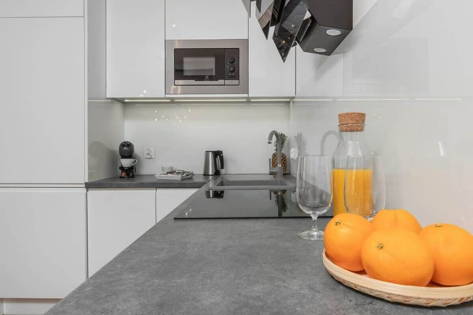 A close-up of the kitchen counter and appliances, featuring a bowl of oranges.