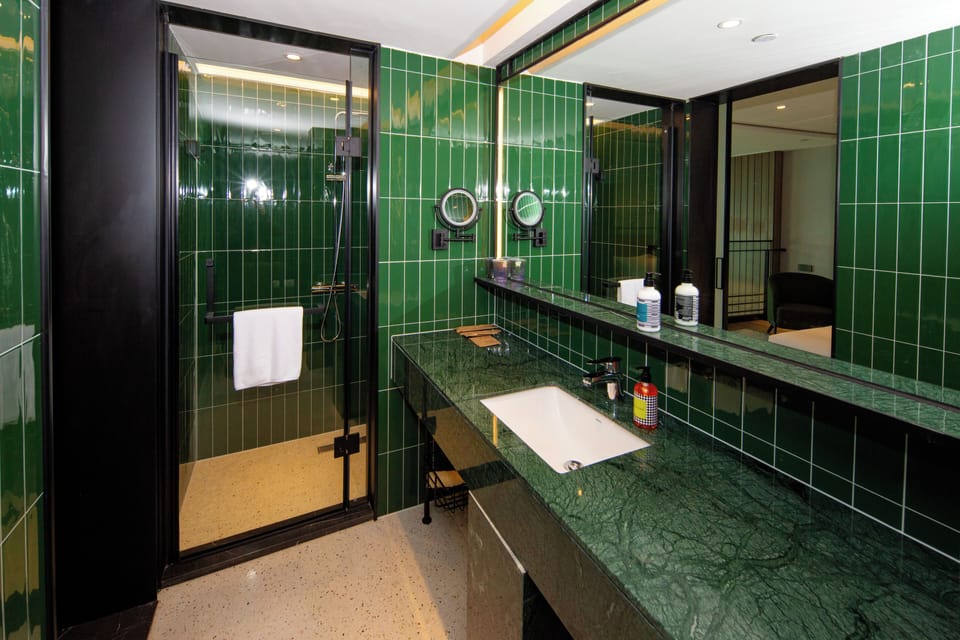 Shower, rainfall showerhead, free toiletries, hair dryer