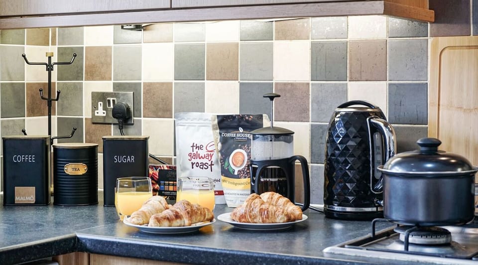 Tea Coffee Sugar French Press, Fresh croissant 