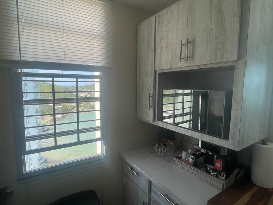 Full-size fridge, microwave, stovetop, toaster