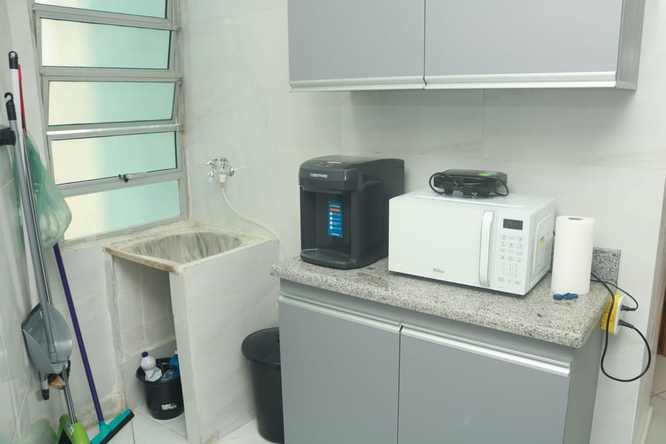 Fridge, microwave, cookware/dishes/utensils
