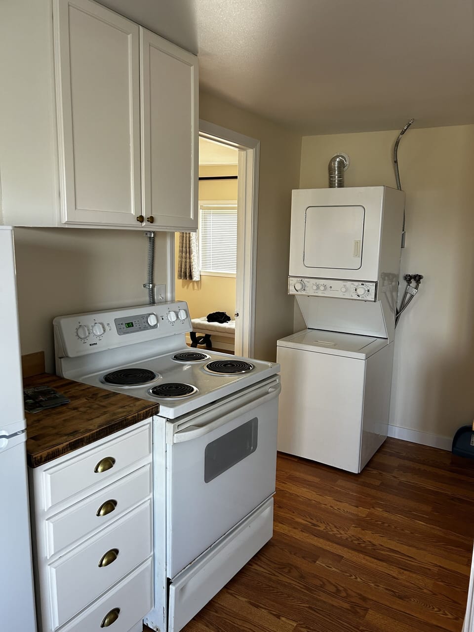 Washer and dryer for small articles of clothing. Lots of cupboard space.