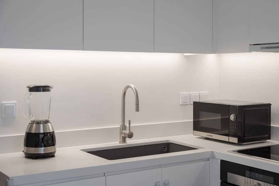 Luxury Apartment | Private kitchen | Fridge, microwave, oven, stovetop