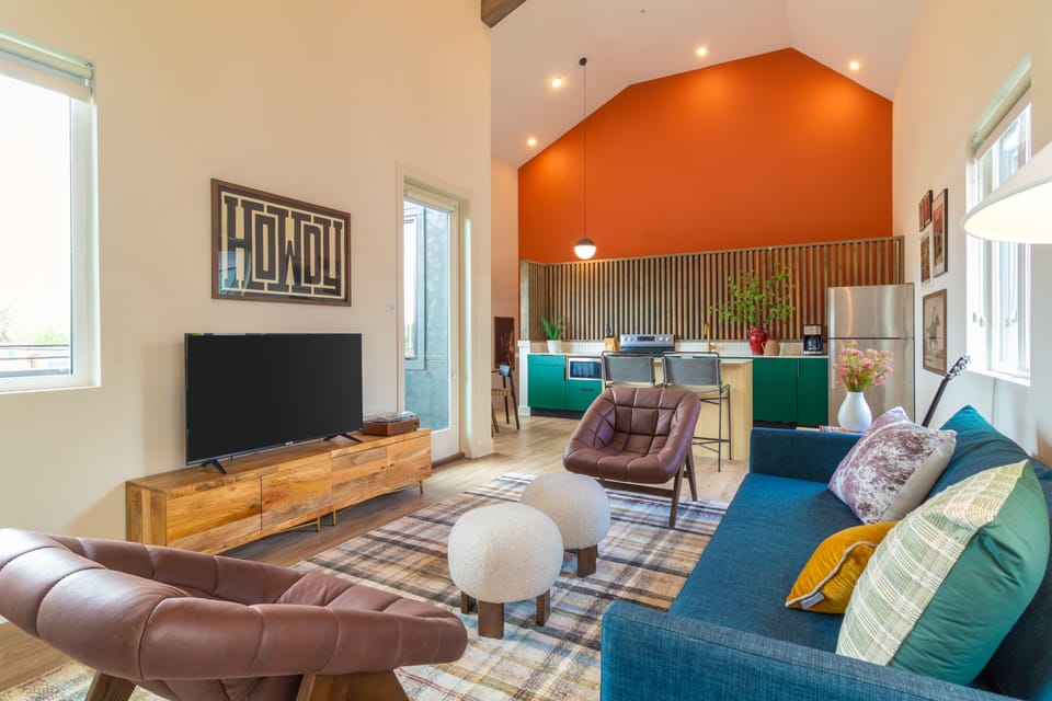 Open floor plan with vaulted ceilings.