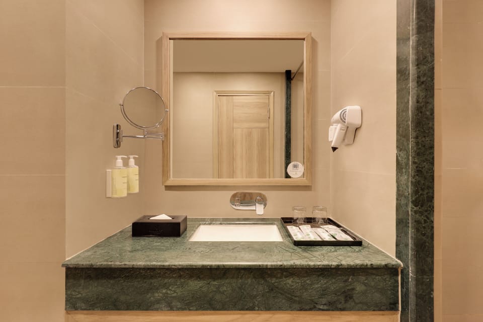 Shower, rainfall showerhead, hair dryer, slippers