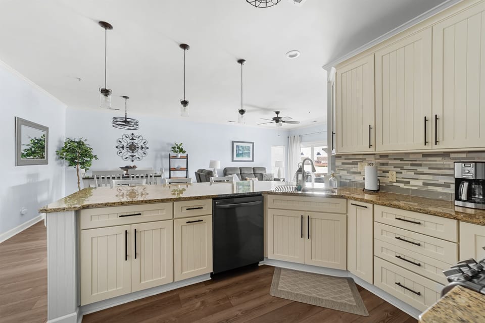 Kitchen is open to living and dining areas