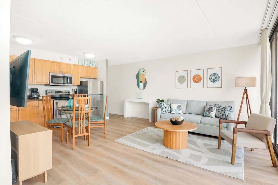 Overview of your living room, kitchen, and dining area.