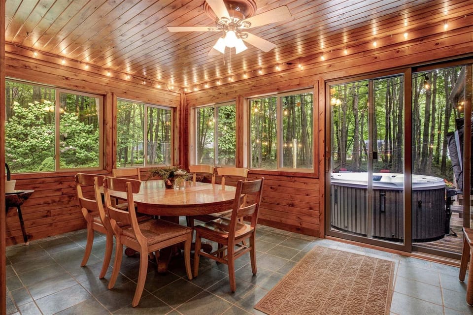 Fun fairy lights and overlooking the back deck and woods