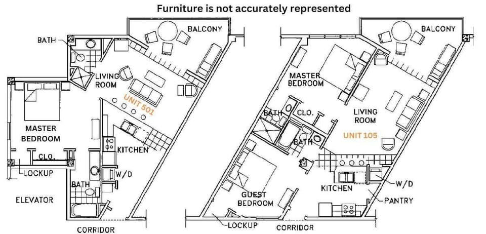105 Condo on 1st Floor, 501 Condo on 5th Floor.

Each layout is designed with your comfort in mind. It gives you and your loved ones space while still being together on vacation.  