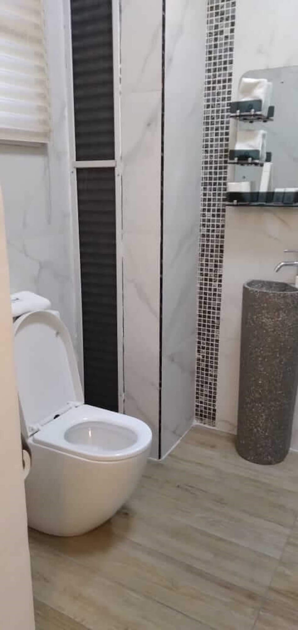 Rainfall showerhead, bathrobes, towels, soap