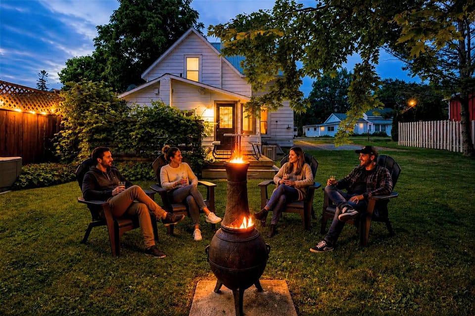 Outdoor dinners under the string lights, with BBQ and patio space to relax together.