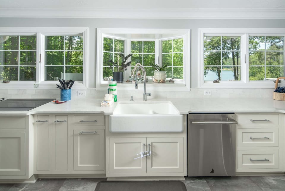 Farmhouse sink and spacious prep area in the gourmet kitchen