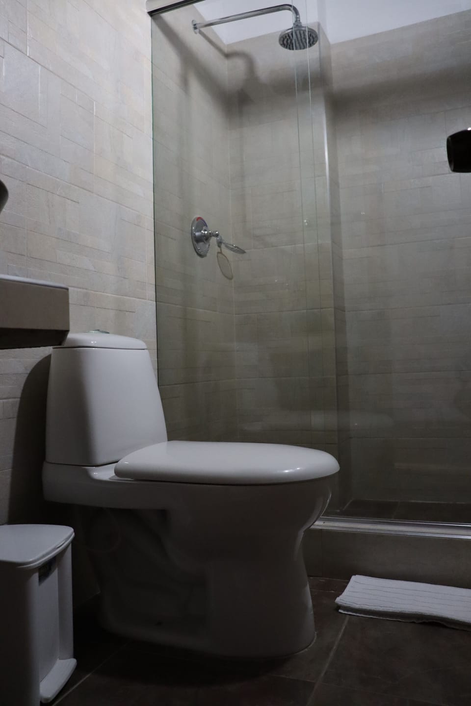 Shower, rainfall showerhead, hair dryer, towels