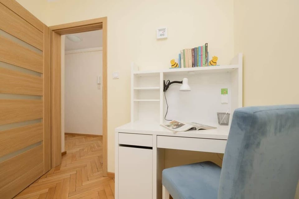 Desk with comfortable chair.