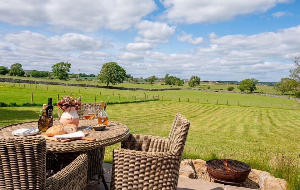 Wicker table and chairs overlooking a green field at Bearskin.