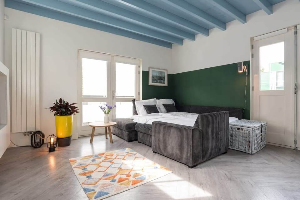 Cozy lounge with comfy sofa bed — perfect for relaxing or accommodating extra guests, all while enjoying the sunlight streaming through the windows.
