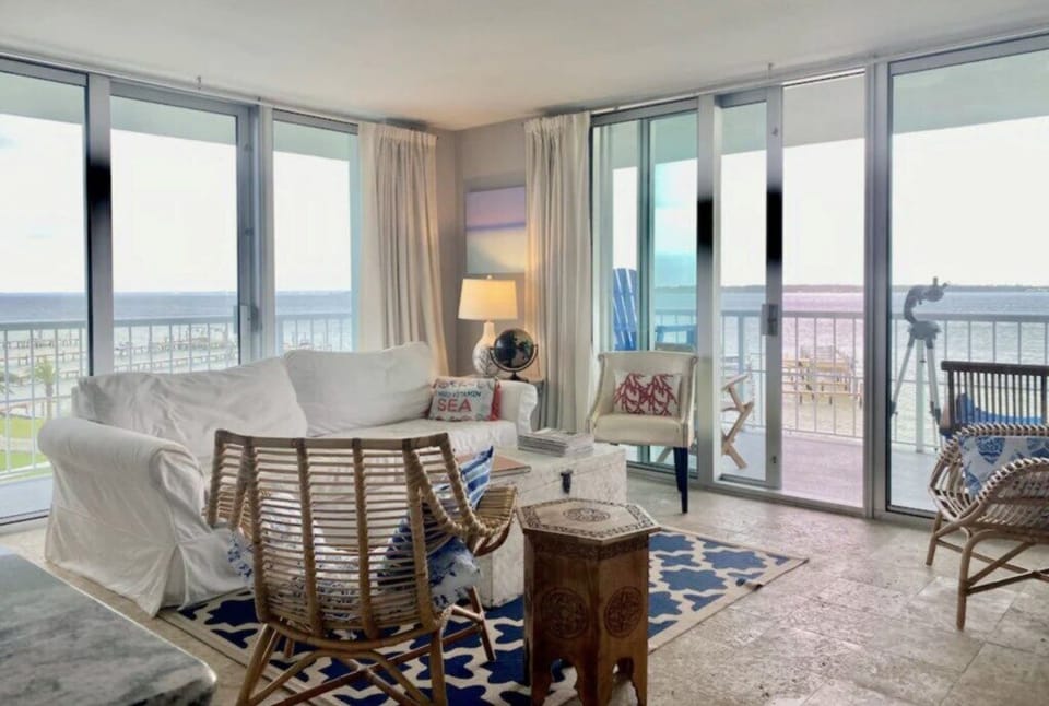 Relax in a coastal living space overlooking the bay.